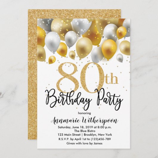 Glitter 80th Birthday Invitation Gold Balloons Kaart (Voorkant / Achterkant)