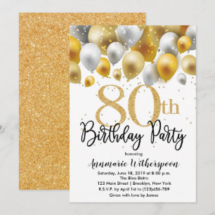 Glitter 80th Birthday Invitation Gold Balloons Kaart