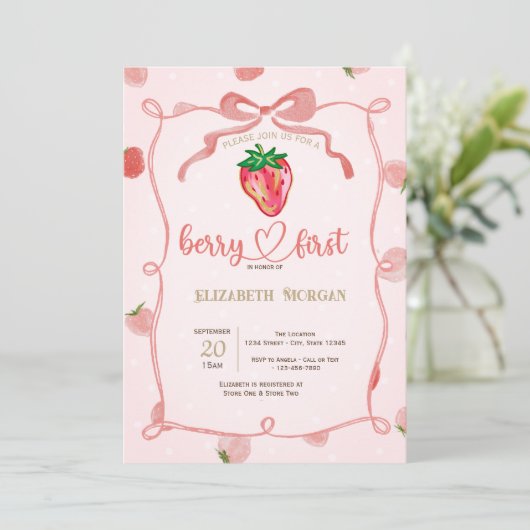 Glitter Aardbei Lijst Roze Plaid Baby shower Kaart (Staand voorkant)