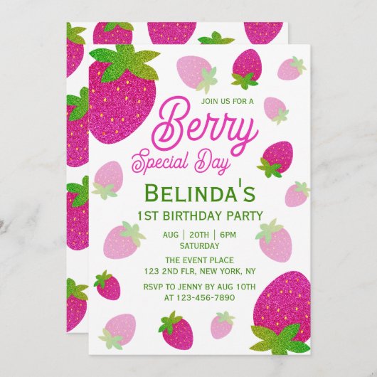 Glitter Aardbeien Berry Speciale Dag 1e Verjaardag Kaart (Voorkant / Achterkant)