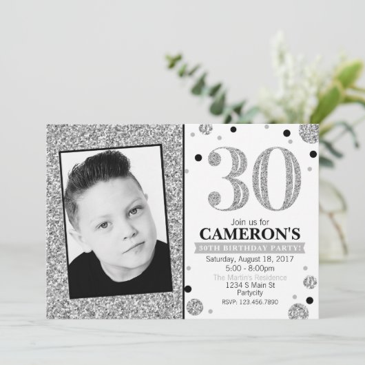 Glitter Adult Milestone Birthday Photo Invite Kaart (Staand voorkant)