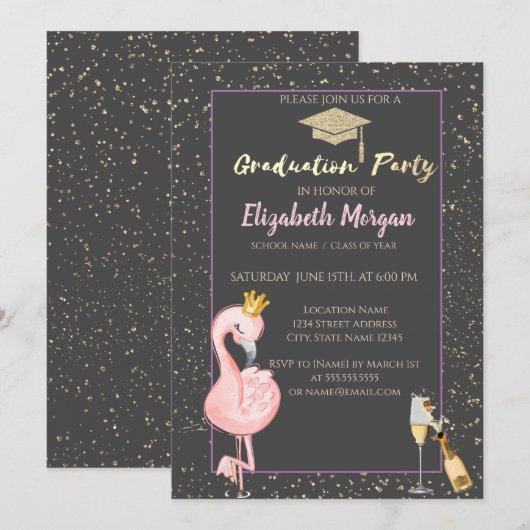 Glitter Afstudeerder Pet, Confetti, wijn, Flamingo Kaart (Voorkant / Achterkant)