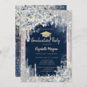 Glitter Afstudeerder Pet, Drips, Flowers, Navy Blu Kaart (Voorkant / Achterkant)