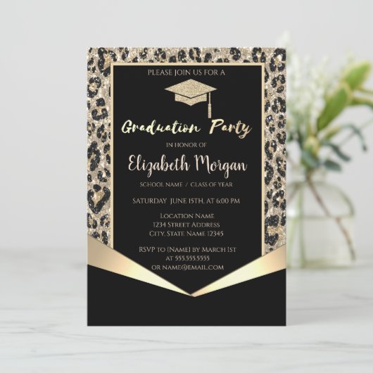 Glitter Afstudeerder Pet, Glitter Leopard Afstuder Kaart (Staand voorkant)