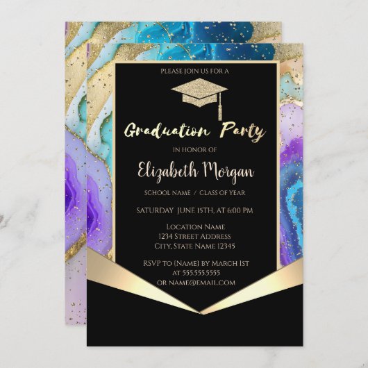 Glitter Afstudeerder Pet, kleurrijk marmeren Afstu Kaart (Voorkant / Achterkant)