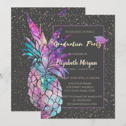 Glitter afstudeerhoed, Ananas, Confetti Kaart (Voorkant / Achterkant)