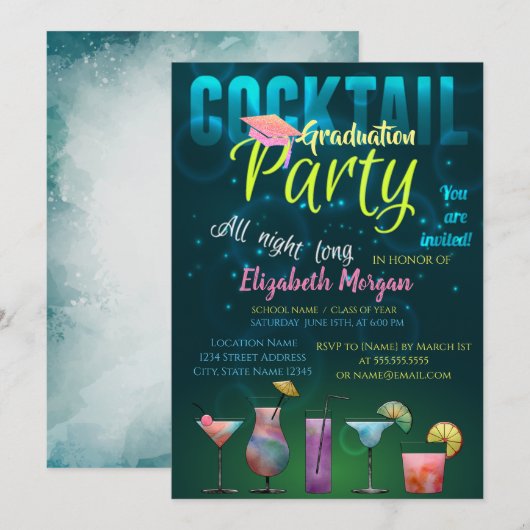 Glitter afstudeerhoed, Cocktail afstuderen Kaart (Voorkant / Achterkant)
