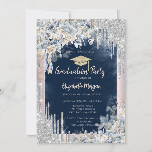 Glitter afstudeerhoed, druipend, bloemen, marinebl kaart (Voorkant)