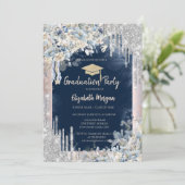 Glitter afstudeerhoed, druipend, bloemen, marinebl kaart (Staand voorkant)