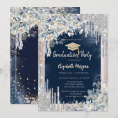 Glitter afstudeerhoed, druipend, bloemen, marinebl kaart (Voorkant / Achterkant)
