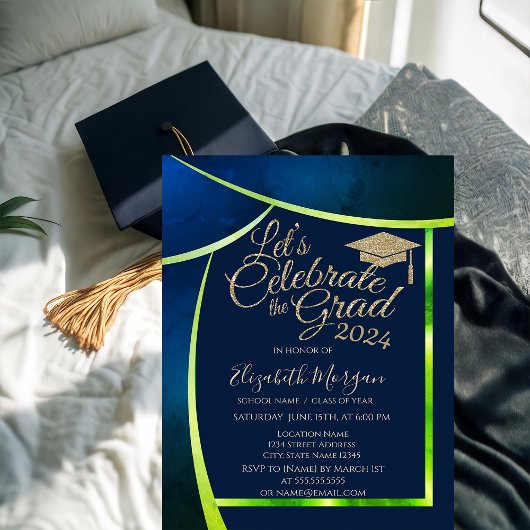 Glitter afstudeerhoed Navy Blauwe Groene Frame Afs Kaart
