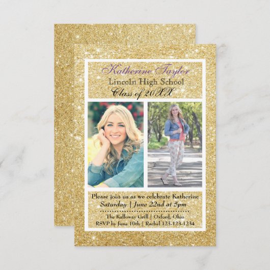 Glitter Afstuderen Aankondiging 2 Foto's 3x5 (Voorkant / Achterkant)