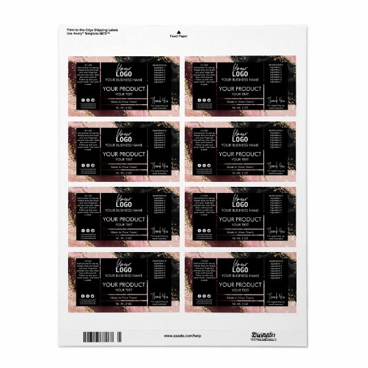 Glitter Agate Black en Roos Gold Product Labels (Full Sheet)