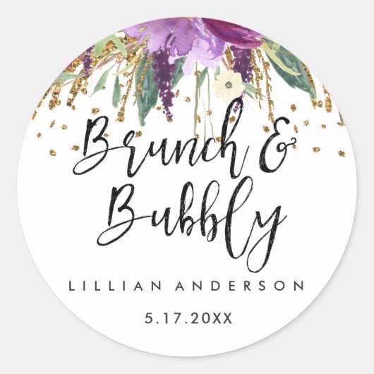 Glitter Amethist Brunch en Bubble Vrijgezellenfees Ronde Sticker (Voorkant)
