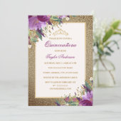 Glitter Amethist Paarse Bloemen Tiara Quinceanera Kaart (Staand voorkant)