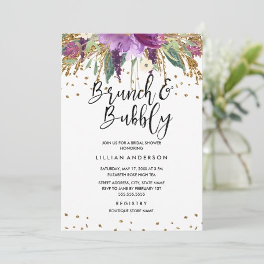 Glitter Amethyst bruids douche uitnodiging (Staand voorkant)