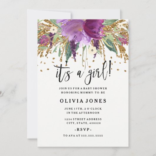 Glitter Amethyst Girl Baby shower Uitnodiging (Voorkant)