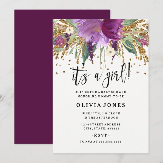 Glitter Amethyst Girl Baby shower Uitnodiging (Voorkant / Achterkant)