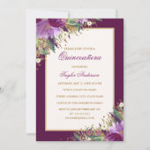 Glitter Amethyst Gold Paars Floral Quinceanera Kaart (Voorkant)