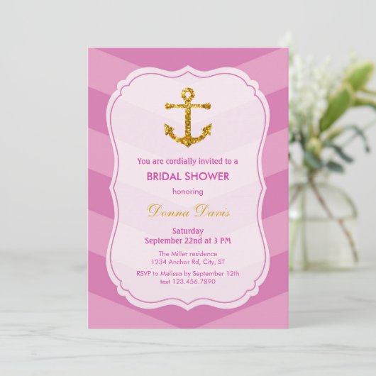 Glitter Anchor Nautical Bridal Shower Uitnodiging (Staand voorkant)