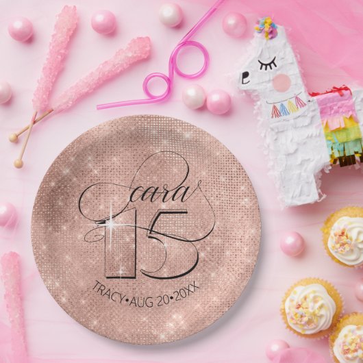 Glitter and Shine Quinceanera Roos Gold ID701 Papieren Bordje (Feest)