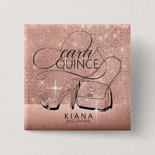 Glitter and Shine Quinceanera Roos Gold ID701 Vierkante Button 5,1 Cm