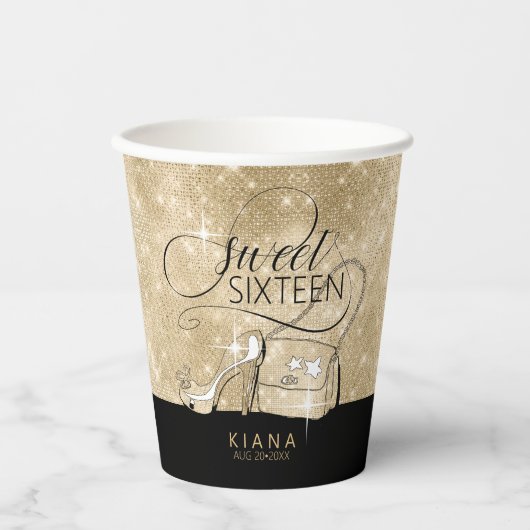Glitter and Shine Sweet 16 V2 Black/Gold ID675 Papieren Bekers (Voorkant)