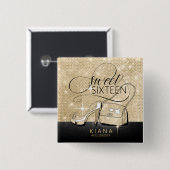 Glitter and Shine Sweet 16 V2 Black/Gold ID675 Vierkante Button 5,1 Cm (Voorkant /achterkant)