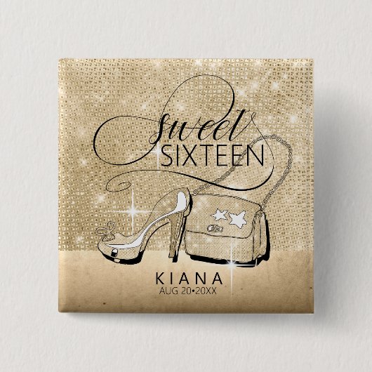 Glitter and Shine Sweet 16 V2 Gold ID675 Vierkante Button 5,1 Cm (Voorkant)