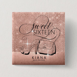 Glitter and Shine Sweet 16 V2 Roos Gold ID675 Vierkante Button 5,1 Cm