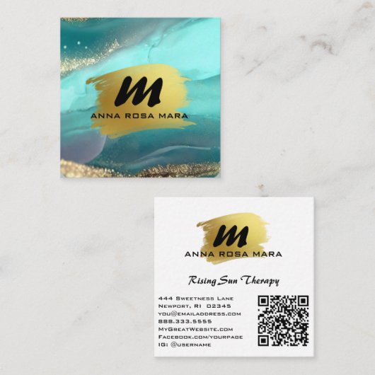 *~* Glitter AP66 Luxe TURQUOISE GOUDEN Agaat QR Vierkante Visitekaartje (Voorkant / Achterkant)