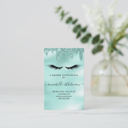 Glitter Aqua Eyelash Extension Client Record Visitekaartje (Staand voorkant)
