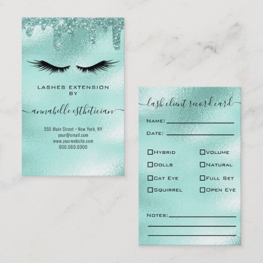 Glitter Aqua Eyelash Extension Client Record Visitekaartje (Voorkant / Achterkant)