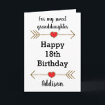 Glitter Arrow Hart 18e Verjaardag Kleindochter Kaart<br><div class="desc">Een gepersonaliseerde kleindochter Happy 18th verjaardagskaart,  die u gemakkelijk kunt personaliseren met haar naam. Beschikt over glitterpijlen met harten. Houd er rekening mee dat er geen echte glitter op dit product is,  maar een ontwerpeffect. Deze moderne 18e verjaardagskaart zou een geweldige verjaardagsaandenken voor haar zijn.</div>