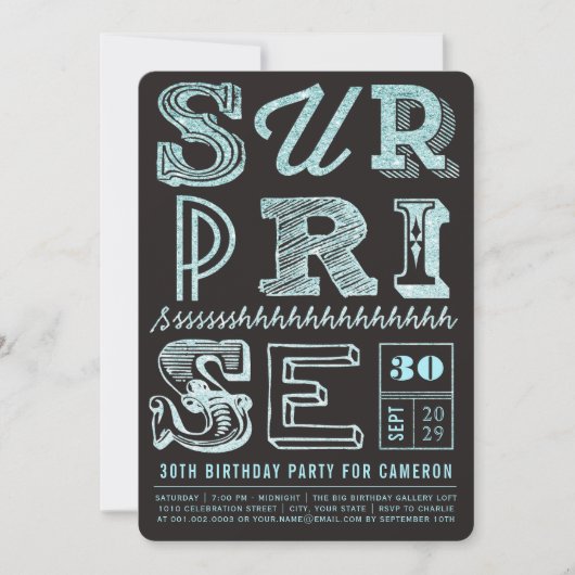 Glitter Art Deco Surprise Party Birthday Invite Kaart (Voorkant)