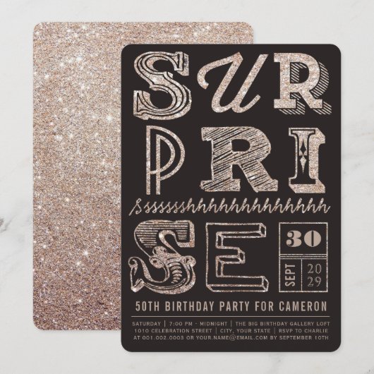 Glitter Art Deco Surprise Party Birthday Invite Kaart (Voorkant / Achterkant)