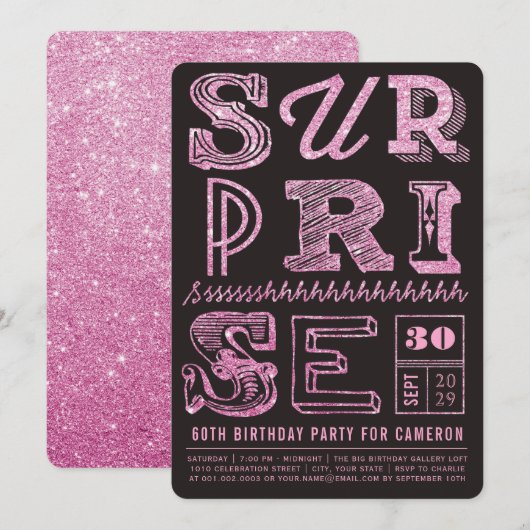 Glitter Art Deco Surprise Party Birthday Invite Kaart (Voorkant / Achterkant)