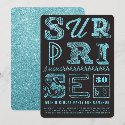 Glitter Art Deco Surprise Party Birthday Invite Kaart (Voorkant / Achterkant)