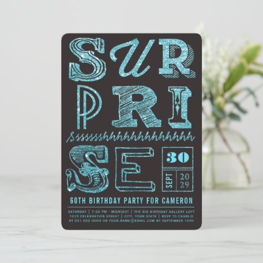 Glitter Art Deco Surprise Party Birthday Invite Kaart (Staand voorkant)