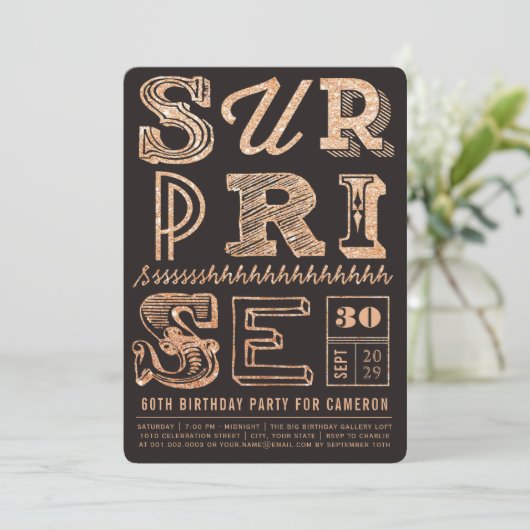Glitter Art Deco Surprise Party Birthday Invite Kaart (Staand voorkant)