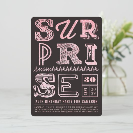 Glitter Art Deco Surprise Party Birthday Invite Kaart (Staand voorkant)