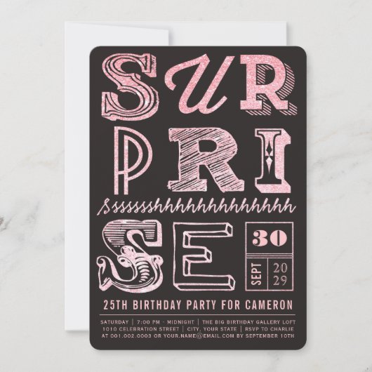 Glitter Art Deco Surprise Party Birthday Invite Kaart (Voorkant)