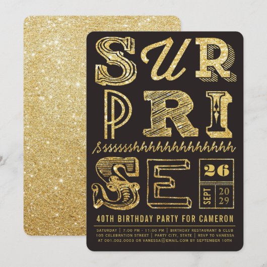 Glitter Art Deco Surprise Party Birthday Invite Kaart (Voorkant / Achterkant)