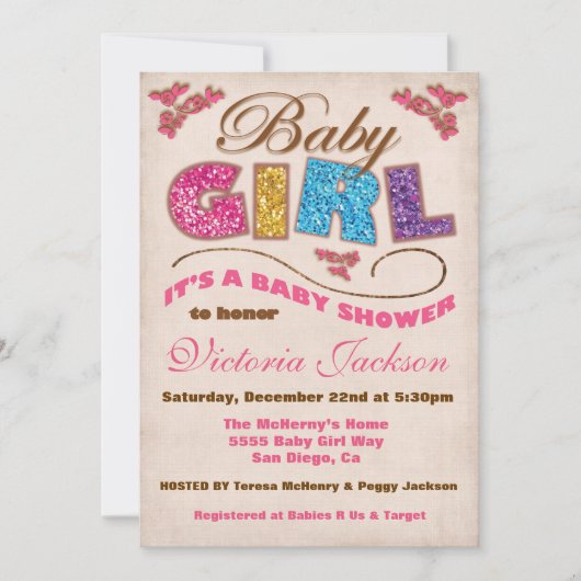 Glitter Baby Meisje  Baby Douche Uitnodigingen (Voorkant)