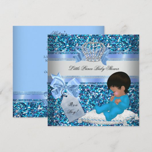 Glitter Baby shower Boy Blue Little Prince Crown 2 Kaart (Voorkant / Achterkant)