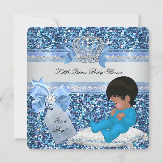 Glitter Baby shower Boy Blue Little Prince Crown 3 Kaart (Voorkant)