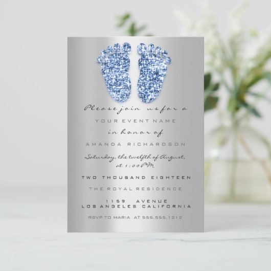 Glitter Baby shower Feet Blue Silver Kaart (Staand voorkant)