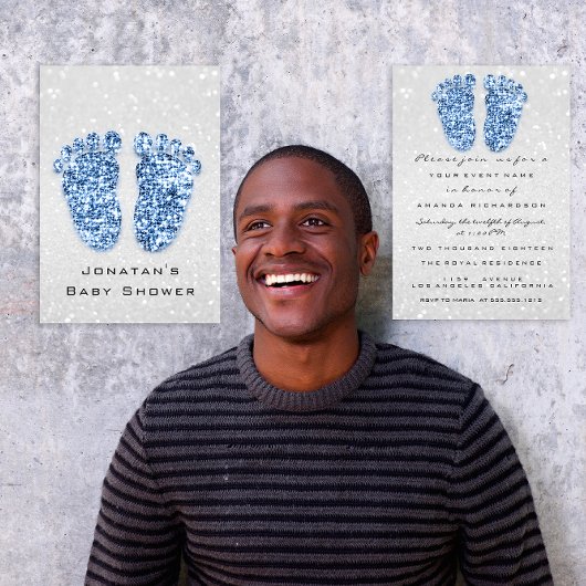 Glitter Baby shower Feet Blue Silver Spark Kaart