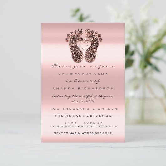 Glitter Baby shower Feet Roos Blush Royal Kaart (Staand voorkant)