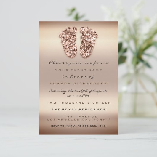 Glitter Baby shower Feet Roos Gold Skinny Kaart (Staand voorkant)